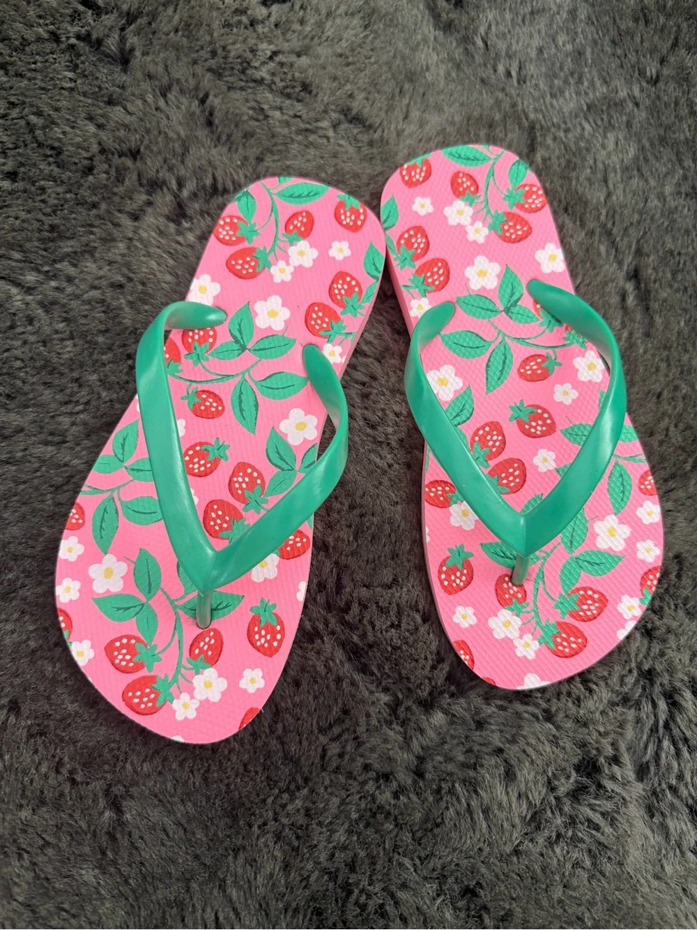 Old Navy Pink Strawberry Print Flip Flops with Green Straps